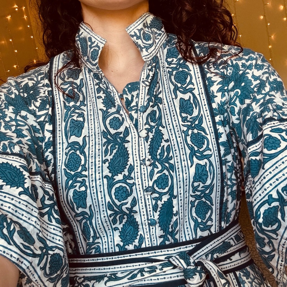 Floral Blue and White Handstamped Indian Cotton Dress